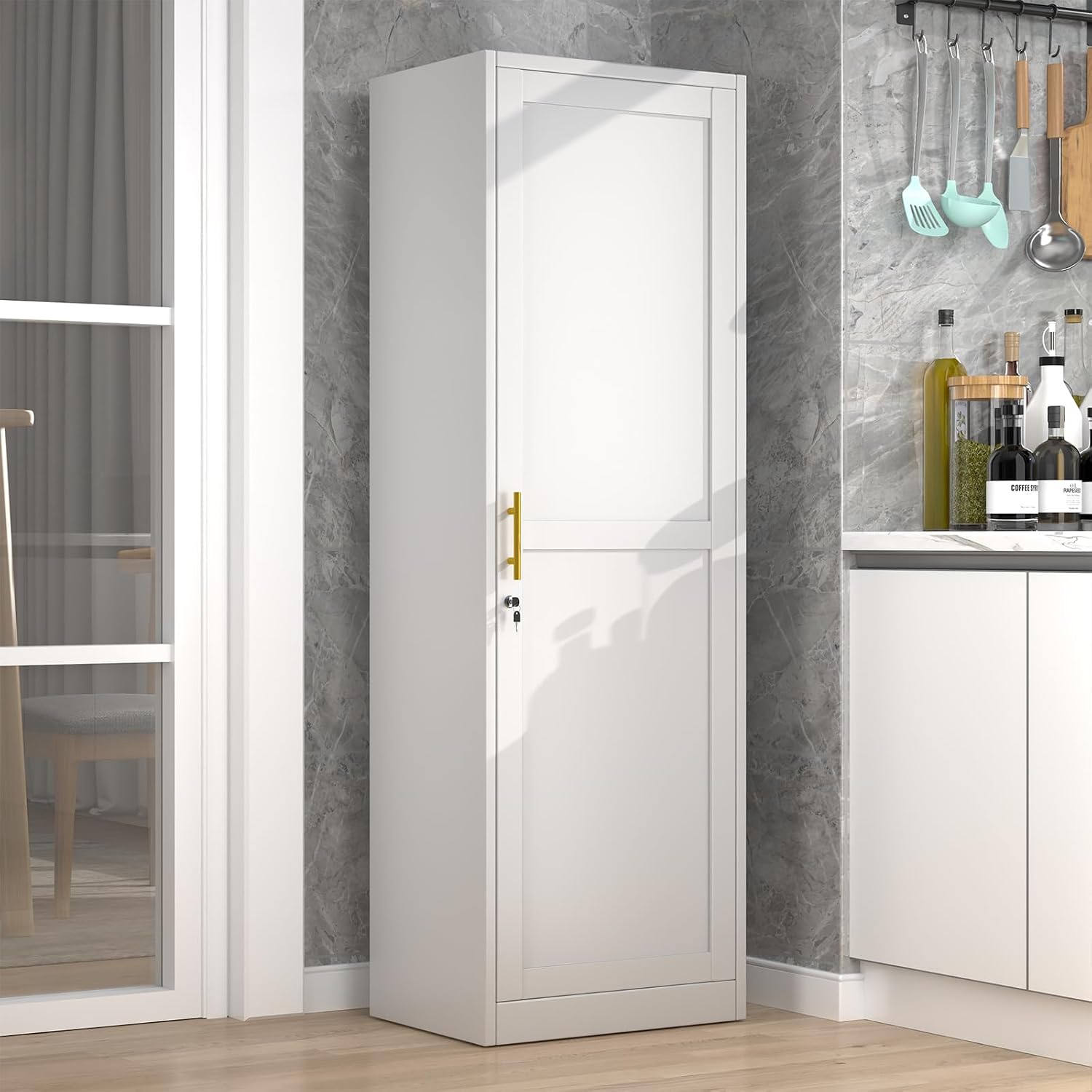 Metal Narrow Pantry Cabinet with Doors and Shleves, 67" H Tall Locker Cabinet, Kitchen Pantry Storage Cabinets for Kitchen, Living Room, Bathroom (1Door-Lock, White)