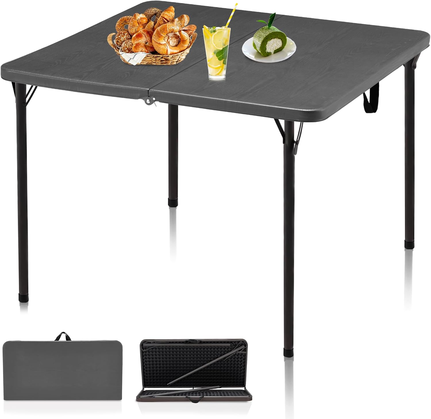 Kasunpul 34" Folding Table, Portable Square Folding Card Table with Collapsible Legs & Carrying Handle, Plastic Tables for Camping,Picnic, Office, Party, Grey