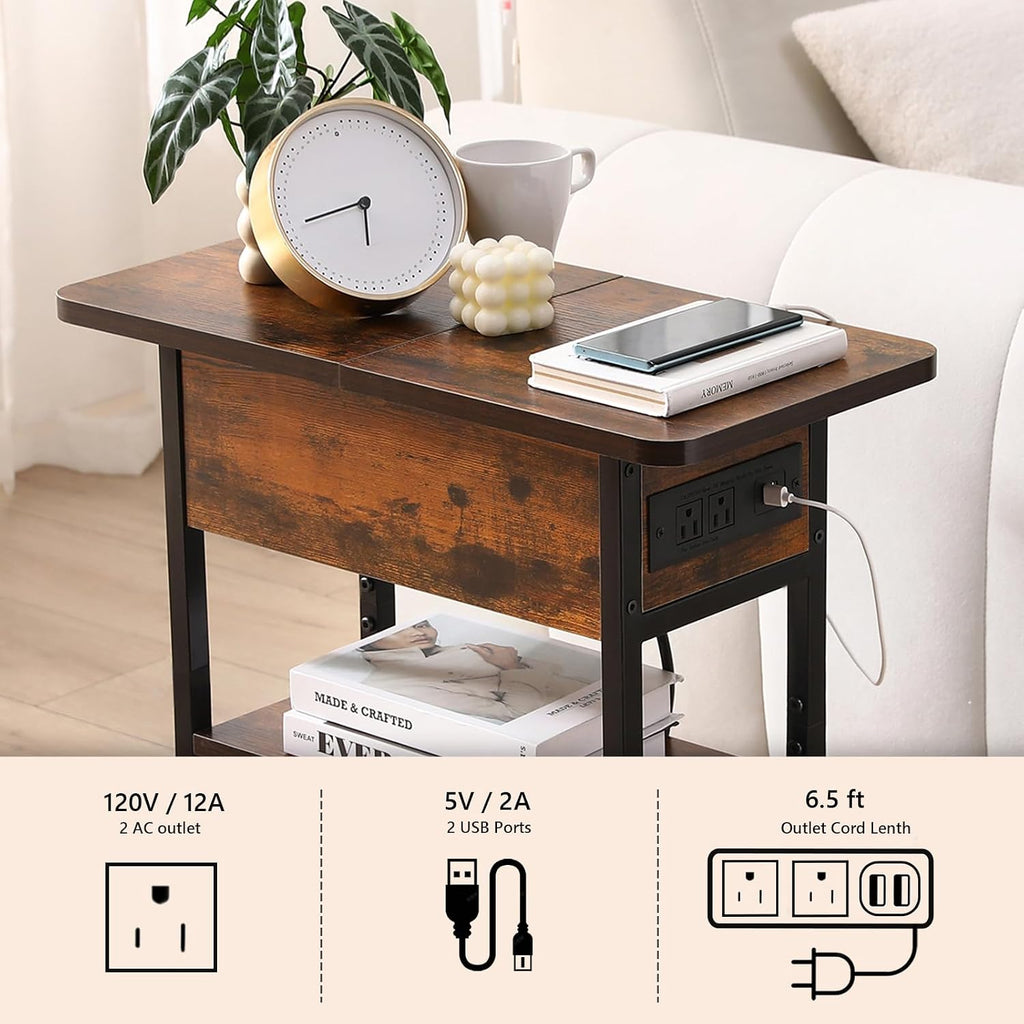 End Table with Charging Station, Narrow Side Table with USB Ports & Outlets, Flip-Top Nightstand with Storage Shelf, Small Bedside Table for Living Room, Bedroom, Small Space,Rustic Brown