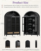 TYBOATLE 75'' Arched Cabinet with 3 Glass Doors, Pantry Cabinet for Kitchen | Arch Cabinet, Pantry Cupboard with Rattan Drawers and Anti-Tip Device, Farmhouse Pantry for Kitchen Bathroom, Black