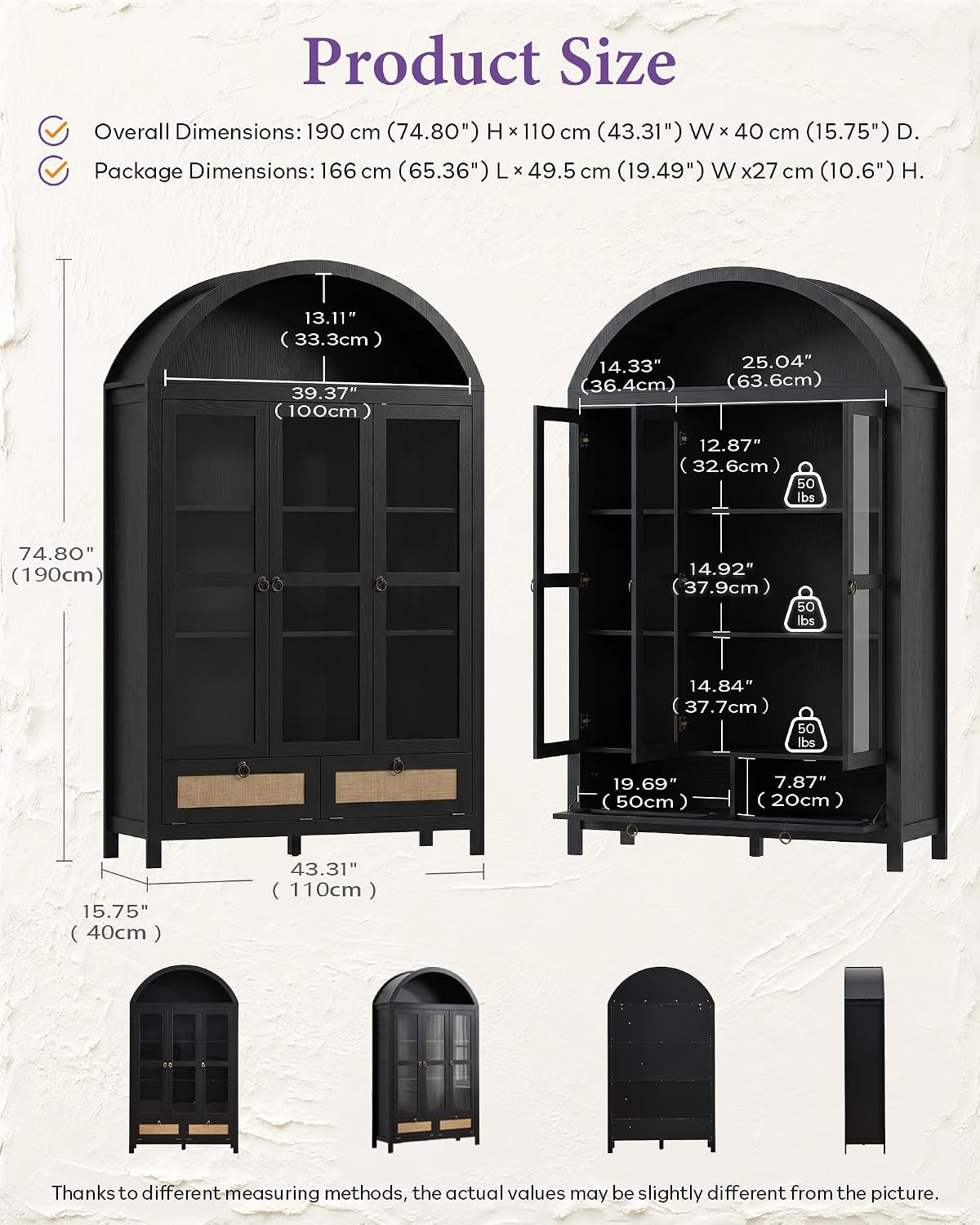 TYBOATLE 75'' Arched Cabinet with 3 Glass Doors, Pantry Cabinet for Kitchen | Arch Cabinet, Pantry Cupboard with Rattan Drawers and Anti-Tip Device, Farmhouse Pantry for Kitchen Bathroom, Black