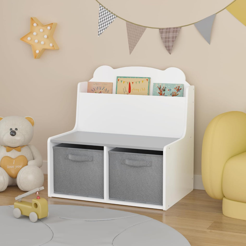 Kids Bookshelf with Chalkboard Side, Bear-Shaped Wooden 3-Tier | Bear-shaped wooden bookcase with 3-tier open shelves and a chalkboard side for drawing; sturdy, kid-safe rounded corners