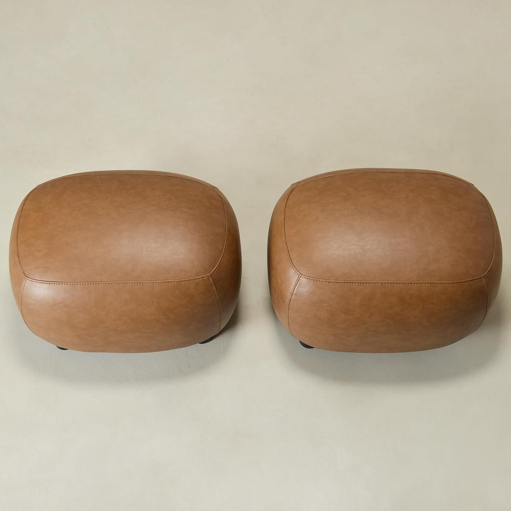 KINWELL 23" Wide Faux Leather Upholstered Ottoman Set of 2, Camel | Living Room Footrest with Soft Padded Seat, Mid-Century Modern Entryway Footstool for Bedroom, Entryway or Living Room