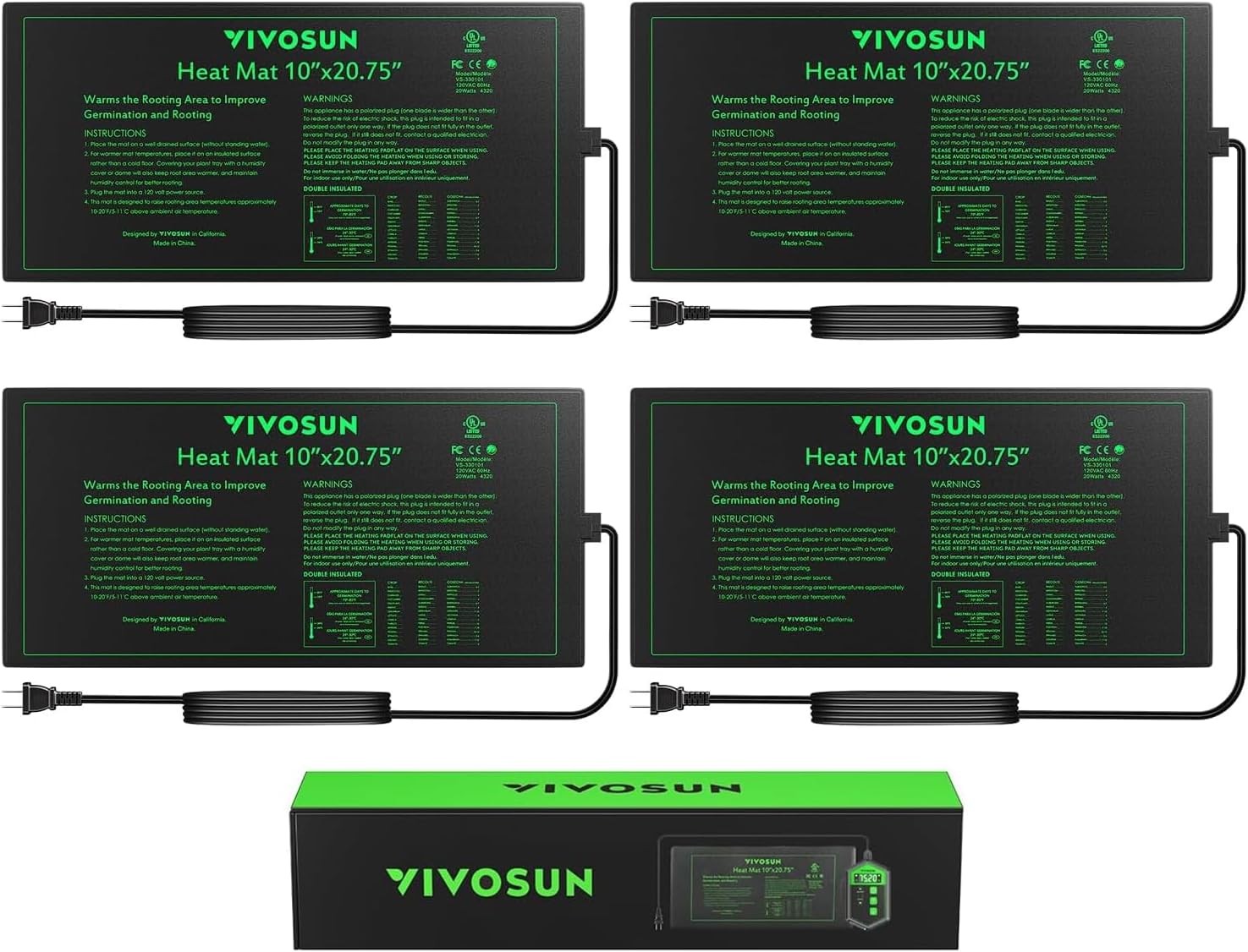VIVOSUN 4-Pack 10" x 20.75" Durable Waterproof Seedling Heat Mat, UL & MET-Certified Warm Hydroponic Heating Pad for Germination, Indoor Gardening, Greenhouse