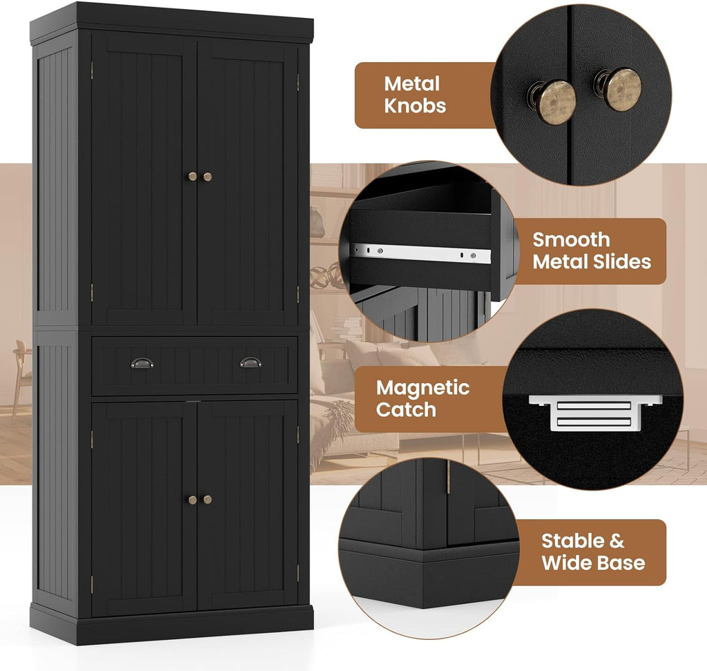 DORTALA 72” Tall Kitchen Pantry Cabinet, Wood Storage Cupboard w/ 4 Adjustable Shelves, 2 Cabinets & Drawer, Utility Freestanding Storage Cabinet for Kitchen, Hallway, Living Room, Black