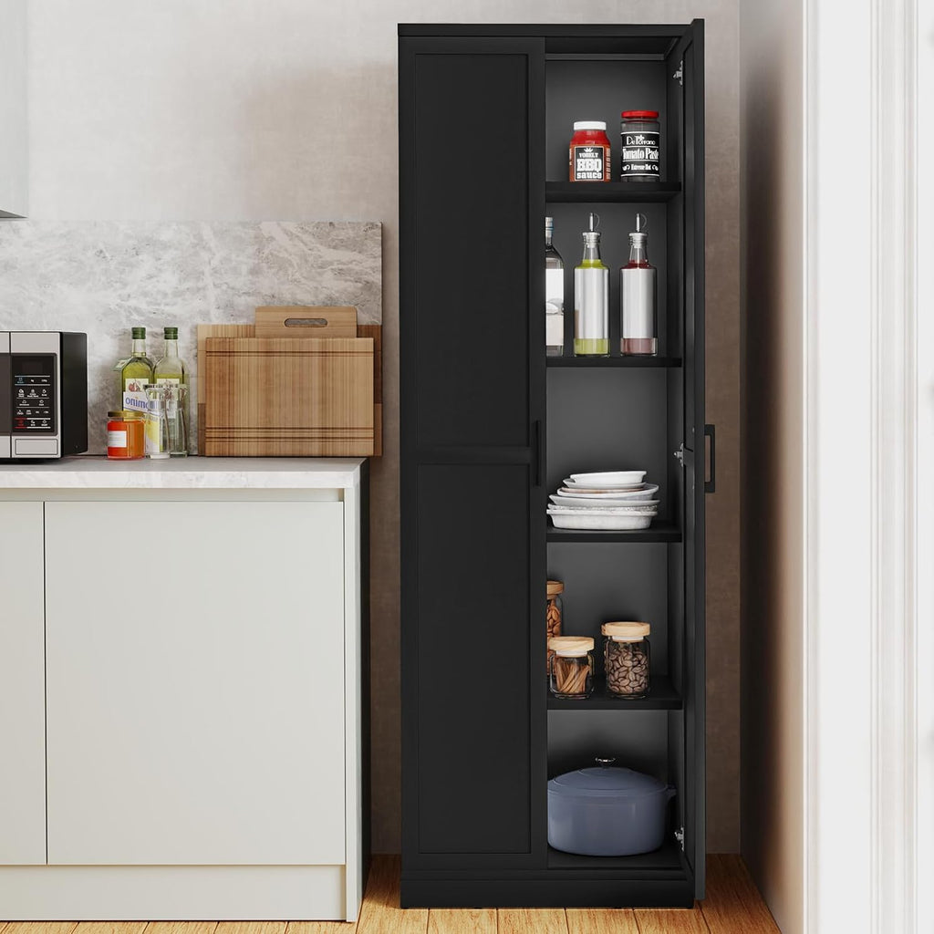 TANGZON Tall Kitchen Cupboard, 5-Tier Storage Cabinet with 2 Adjustable Shelves, Doors & Anti-tipping Device, Freestanding Wooden Tall Sideboard Unit for Pantry Dining Living Room (Black)