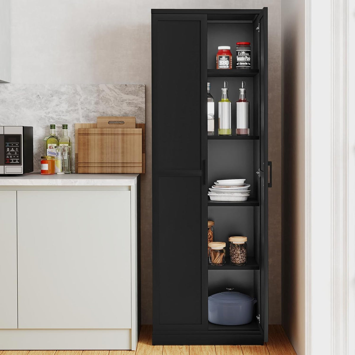 TANGZON Tall Kitchen Cupboard, 5-Tier Storage Cabinet with 2 Adjustable Shelves, Doors & Anti-tipping Device, Freestanding Wooden Tall Sideboard Unit for Pantry Dining Living Room (Black)