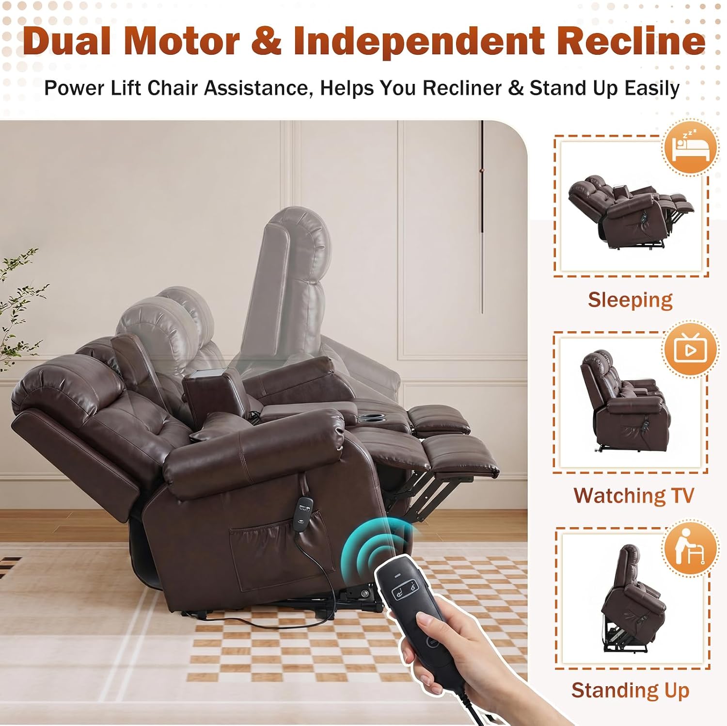 MANBUR Dual Power Lift Recliner Loveseat for Elderly, 2-Seat Electric Recliner Sofa with Massage & Heat, Double Reclining Seating w/Cup Holders, USB Charging, Faux Leather Brown