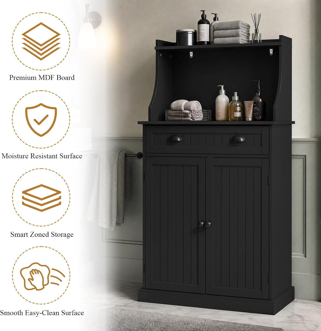 HOLTICO 54" Microwave Storage Cabinet with Doors, Black | Freestanding Kitchen Pantry with Drawer, Coffee Bar Station with Cable Management