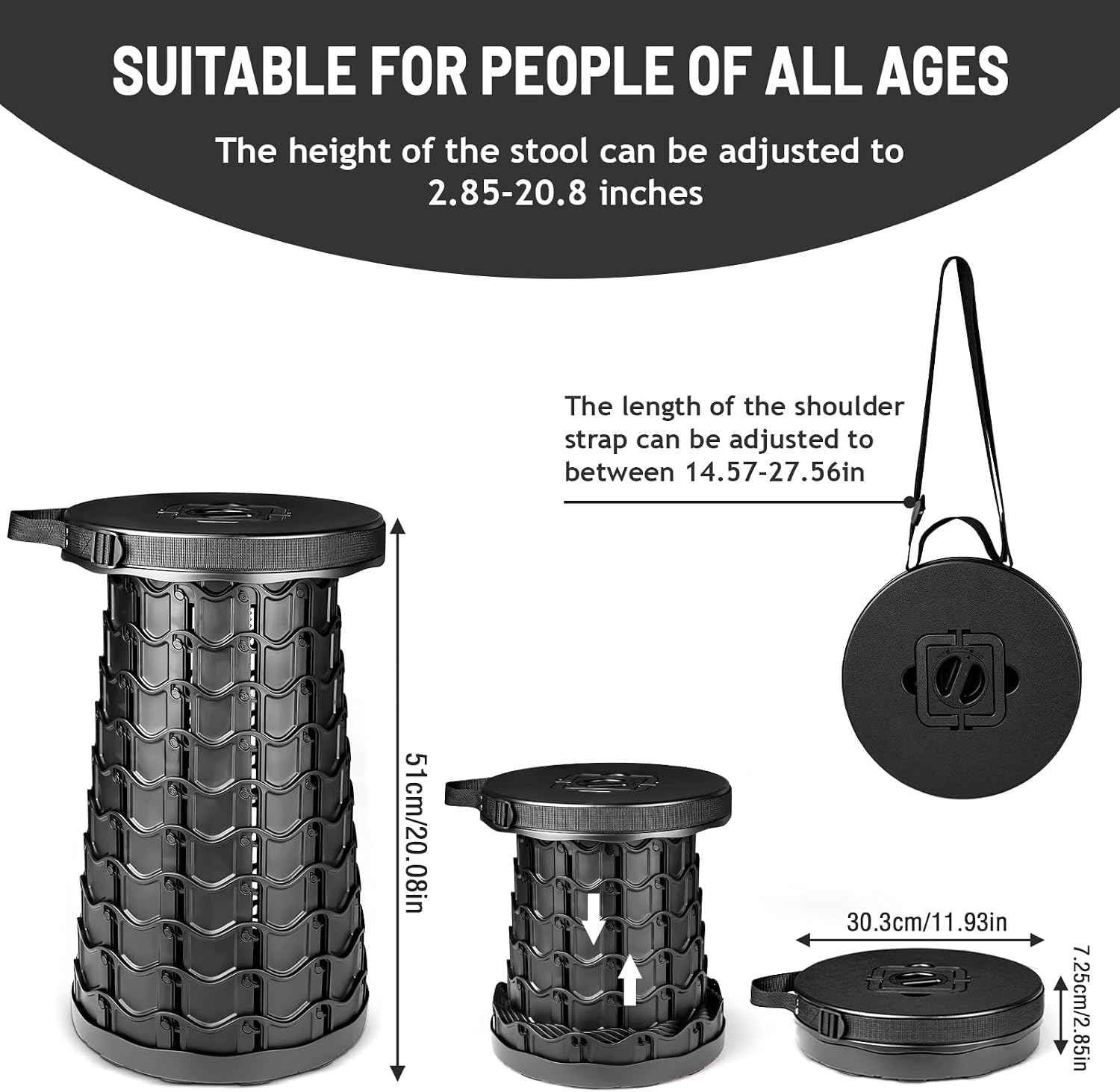Portable Telescoping Stool, Retractable Folding Stool for Camping Garden Fishing Hiking Travel BBQ, Adjustable Collapsible Stools Max Load 400lbs