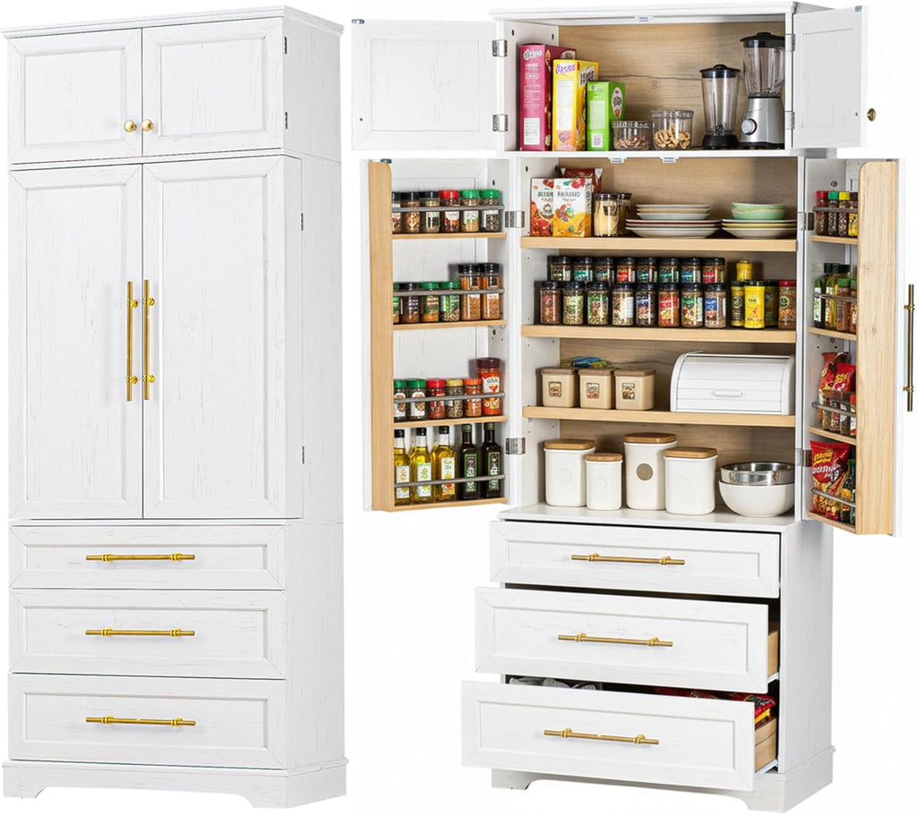 Virubi 78.2" Tall Farmhouse Kitchen Pantry Cabinet with 8 Door Shelves, Storage Cabinet with 3 Adjustable Shelves, 3 Large Drawers, Versatile Cupboard for Kitchen, Dining & Bathroom (Retro White2)