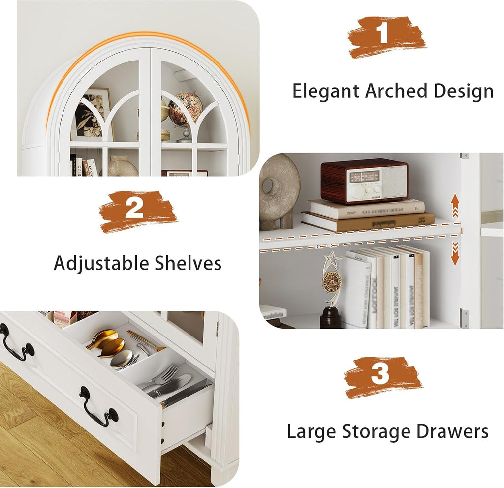 LIVAUVEAD 67" Tall Arched Kitchen Pantry Cabinet with Hidden Drawers & Adjustable Shelves, Bookshelf with Glass Door, Arched Cabinet for Kitchen, Dining Room