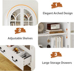 LIVAUVEAD 67" Tall Arched Kitchen Pantry Cabinet with Hidden Drawers & Adjustable Shelves, Bookshelf with Glass Door, Arched Cabinet for Kitchen, Dining Room