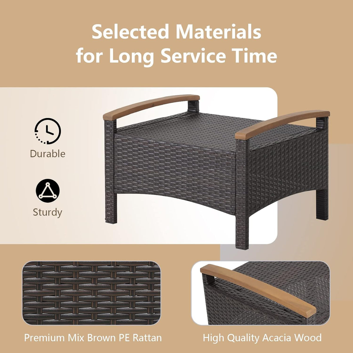 DORTALA Outdoor Ottoman Wicker 2 Piece, Square Patio Ottomans PE Rattan Foot Rest Footstool with Cushions for Couch, Chair, Beige