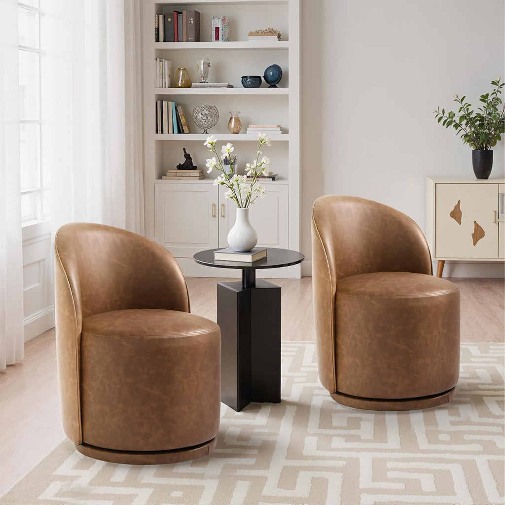 Swivel Barrel Dining Chairs, Faux Leather Upholstered Round Dining Chairs, 360° Swivel Vanity Chair Comfy Armless Accent Makeup Chair for Dining/Living Room Makeup Room, Brown