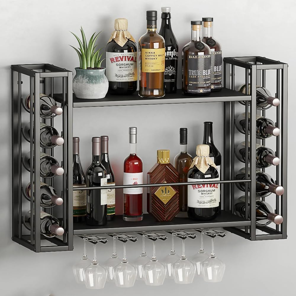 Wall Mounted Wine Rack with Glass Holder, 40" W x 9.8" D x 21.6" H | Hanging Floating Bar Liquor Shelves, Metal Bottle Holder Wine Storage Display Shelf for Home Bar Dining Room Kitchen