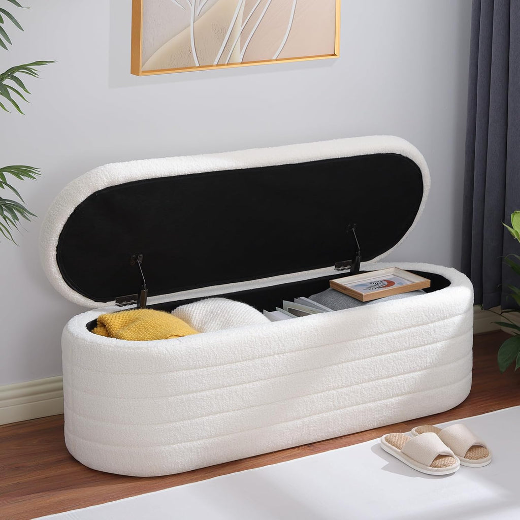 Ottoman with Storage 45.5" Storage Ottoman Bench White | Teddy Upholstered Entryway Bench Hidden Storage, No Assembly, Cozy, for Living Room, Bedroom, Apartment