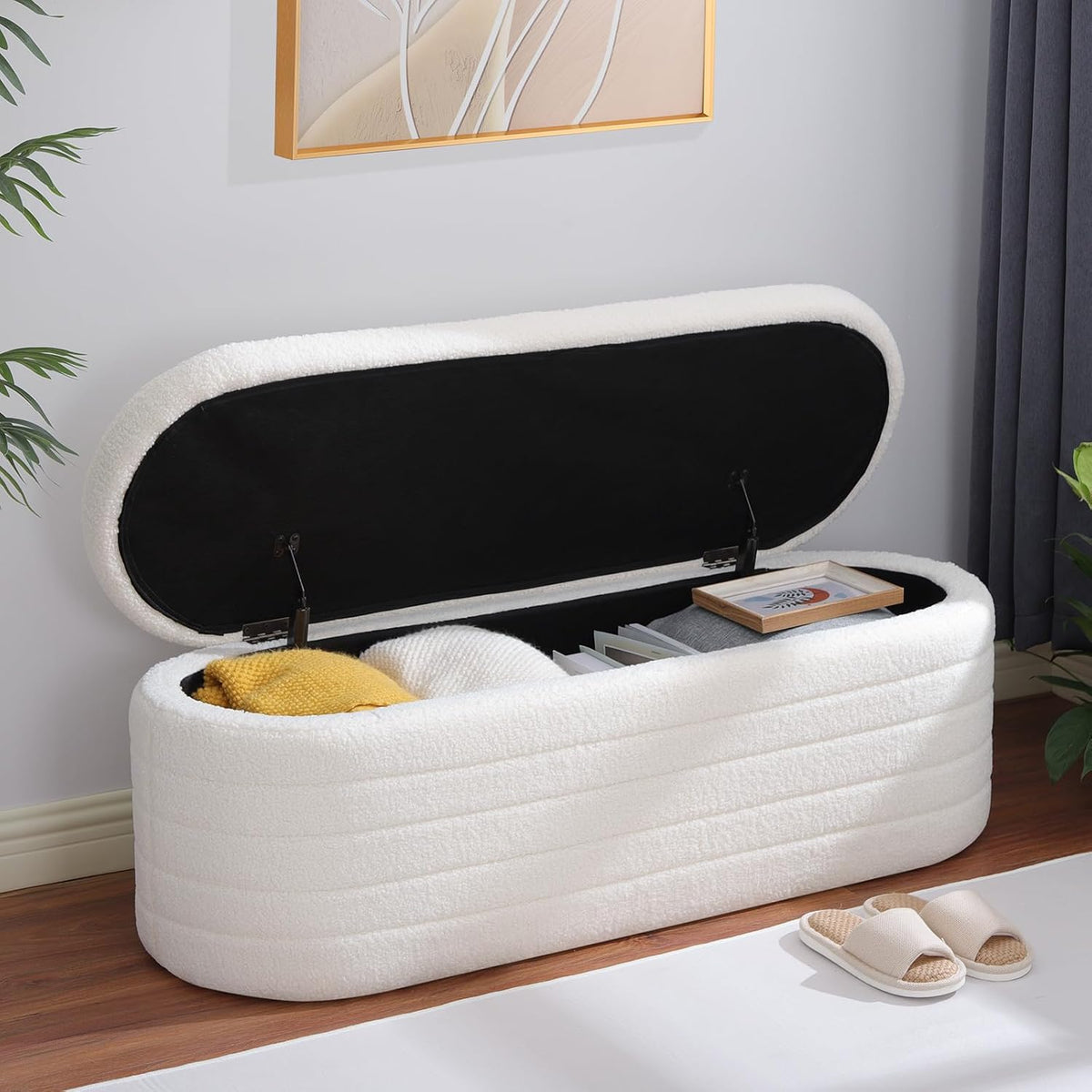 Ottoman with Storage 45.5" Storage Ottoman Bench White | Teddy Upholstered Entryway Bench Hidden Storage, No Assembly, Cozy, for Living Room, Bedroom, Apartment