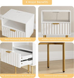 Masupu Nightstand with Charging Station,Mid-Century Modern Bedside Table with Storage Drawer and Open Wood Shelf,Small Gold Frame Side Table for Bedroom,Living Room (White Fluted)