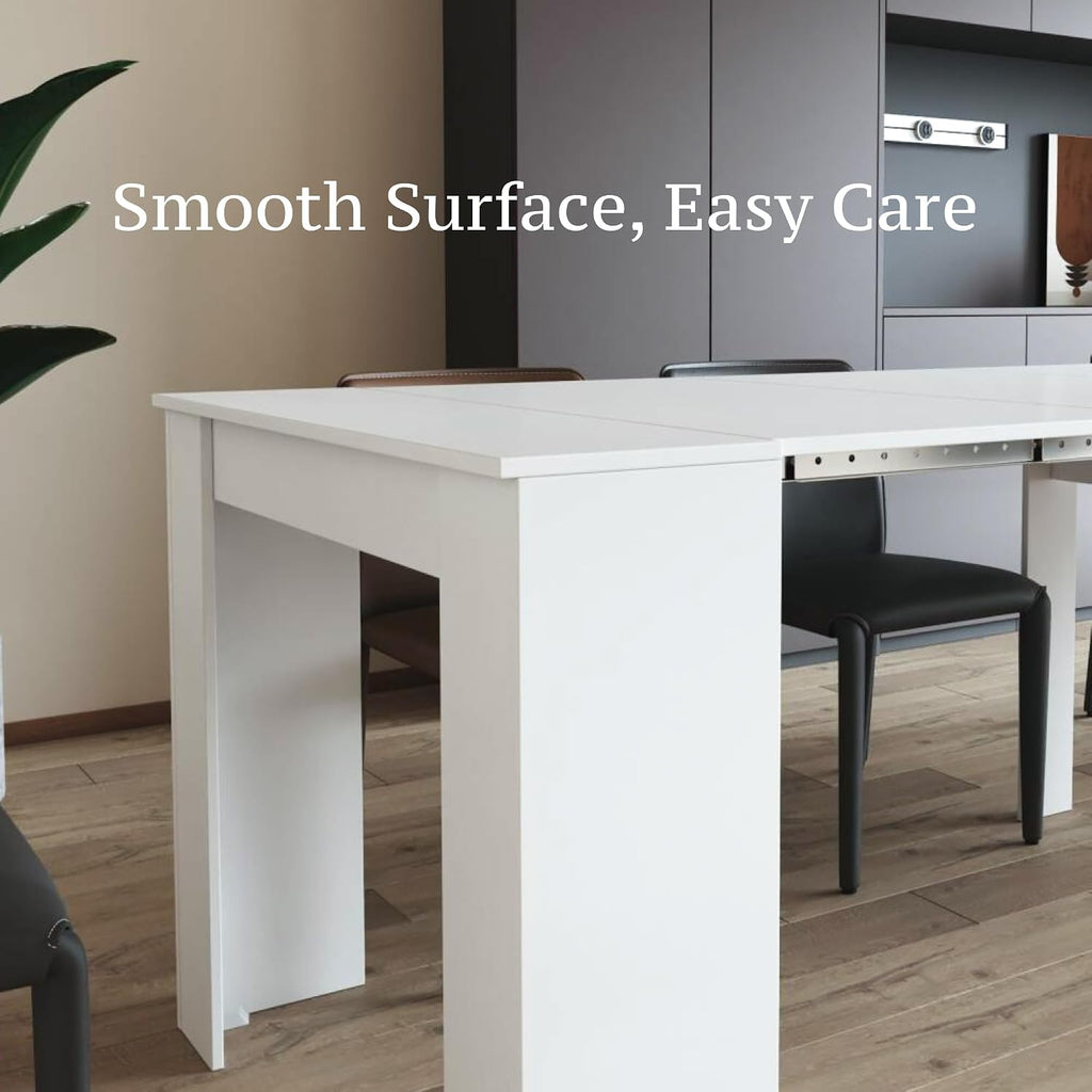Transformer Table Expandable Dining Table - Modern White Rectangular Furniture, Up to 118.50 in for 6-10 People with Space Saving Design for Dining Area Family Gathering