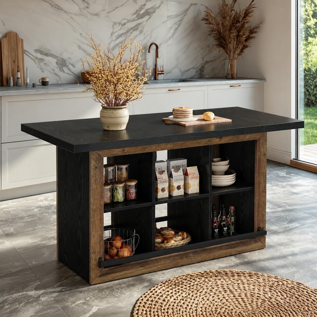 Tribesigns Kitchen Island with Storage, 62.6" Farmhouse Kitchen Island Table with 6-Cubby Open Shelves & Metal Foot Rail, Butcher Block Counter Height