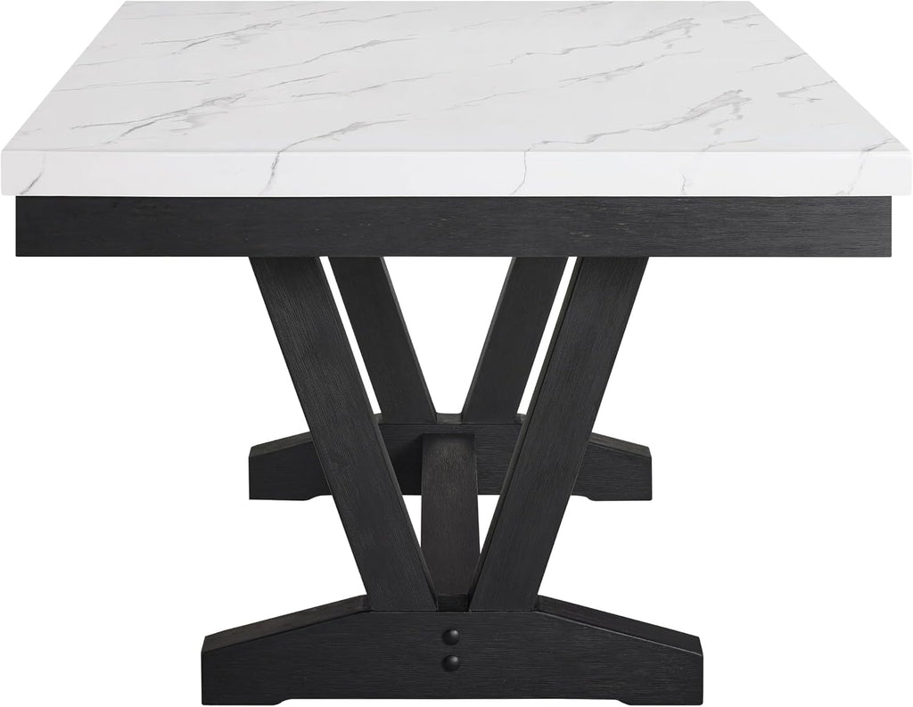 Benzara Vinz Dining Table, 72 Inch White Faux Marble Top, Black Trestle Base