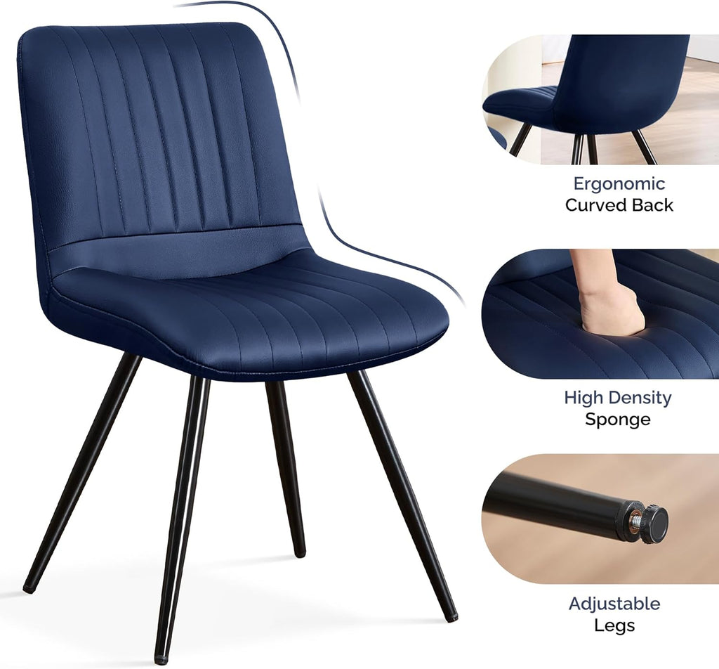 Dining Chairs Set of 2, Modern Dining Chairs with Thick Cushions, Faux Leather Upholstered Kitchen Dining Room Chairs with Metal Legs for Dining Living Room (Navy Blue)