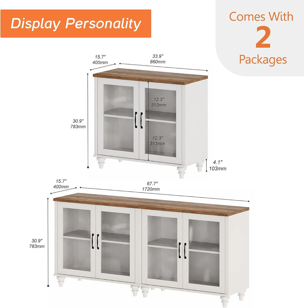 WAMPAT Farmhouse TV Stand for 75 inch TV with 4 Glass Doors, Wood TV Stand with 4 Storage Cabinets, White Entertainment Center TV Console Table for Living Room, Bedroom