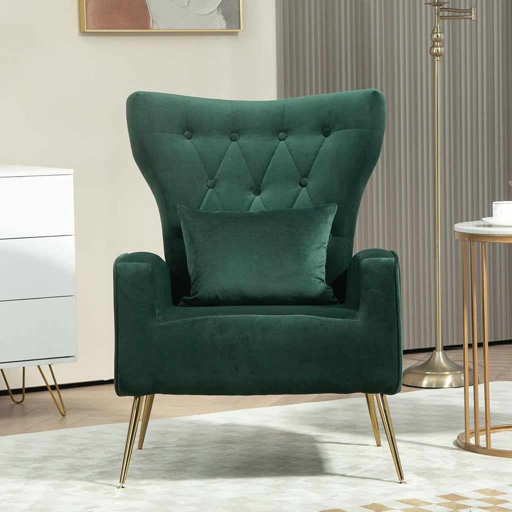 Button-Tufted Velvet Accent Chair, Mid Century Modern Living Room Chair with High Wingback, Upholstered Arm Chair with Metal Gold Legs for Bedroom, Club, Green