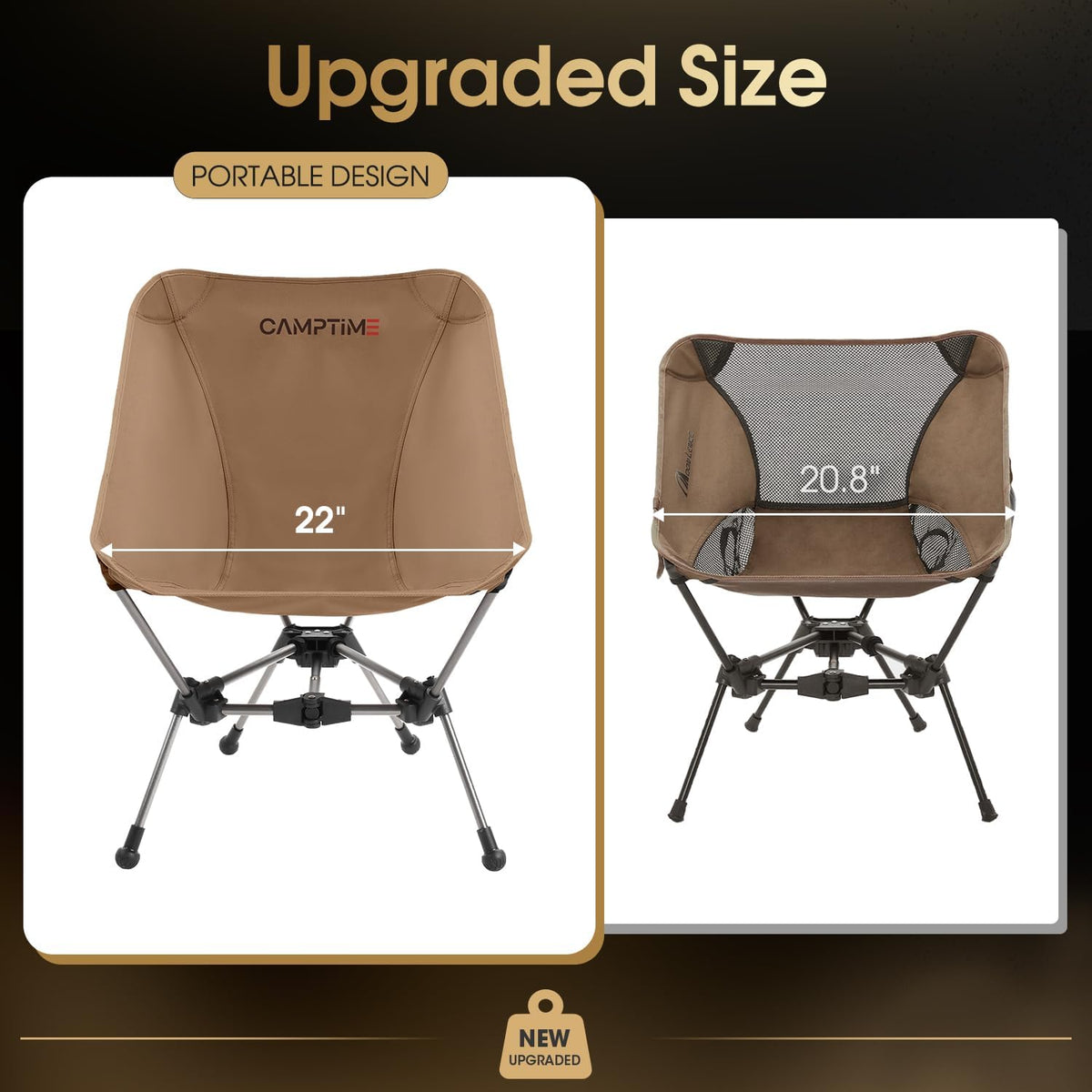 Camptime Portable Camping Chair, Lightweight Compact Backpacking Chair with Side Pocket, Wide Seat Folding Chair for Camping, Hiking, Beach - Supports 330Lbs, Khaki