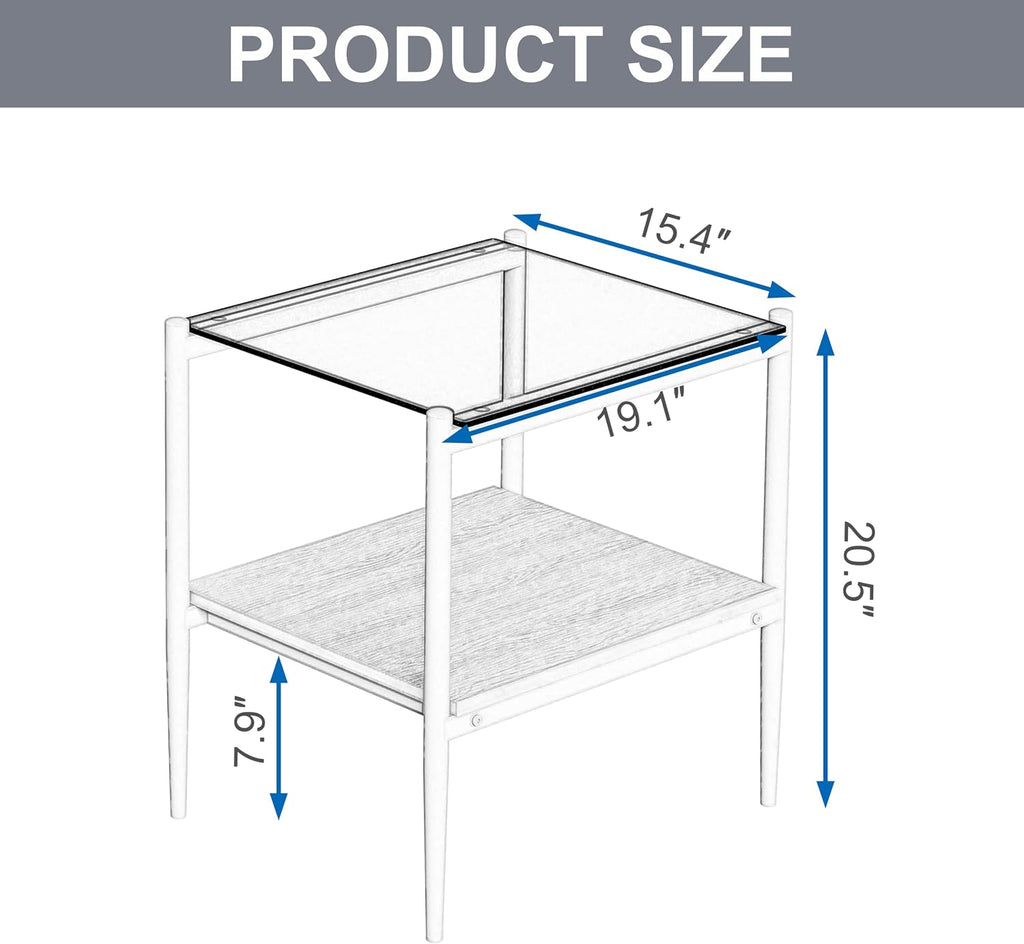 Modern Glass End Table, Tempered Glass Top, Sofa Side Table with MDF Storage Shelf and Metal Legs, Perfect for Living Rooms, Bedrooms, and Small Spaces (Gray Glass+Black)