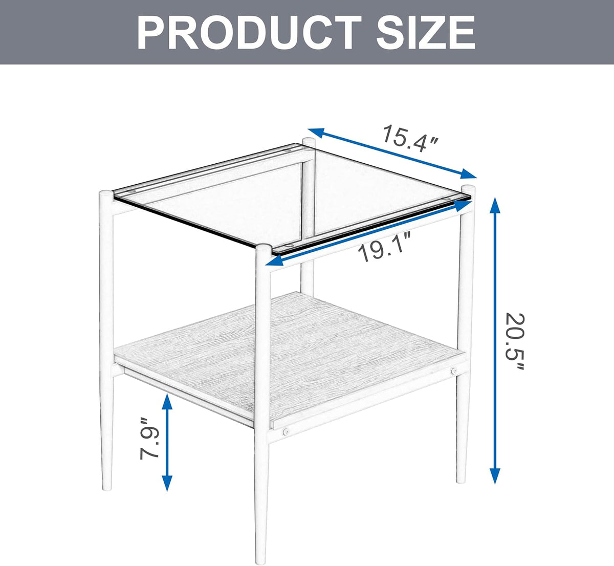 Modern Glass End Table, Tempered Glass Top, Sofa Side Table with MDF Storage Shelf and Metal Legs, Perfect for Living Rooms, Bedrooms, and Small Spaces (Gray Glass+Black)