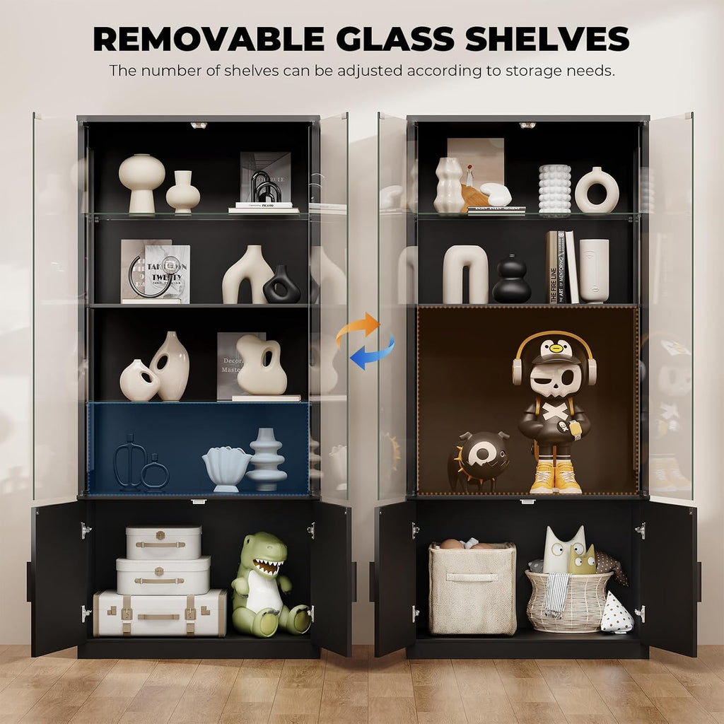 BROTTAR 67" Display Cabinet with Glass Doors, 4-Tier Curio Cabinet, Black