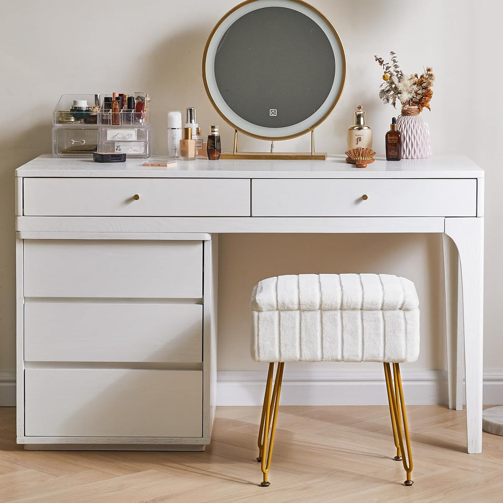 IBUYKE Vanity Chair with Storage, Faux Fur Footrest Ottoman, White LG-50W | Small Side Table Vanity Stool Makeup Room Bedroom Anti-Slip Feet