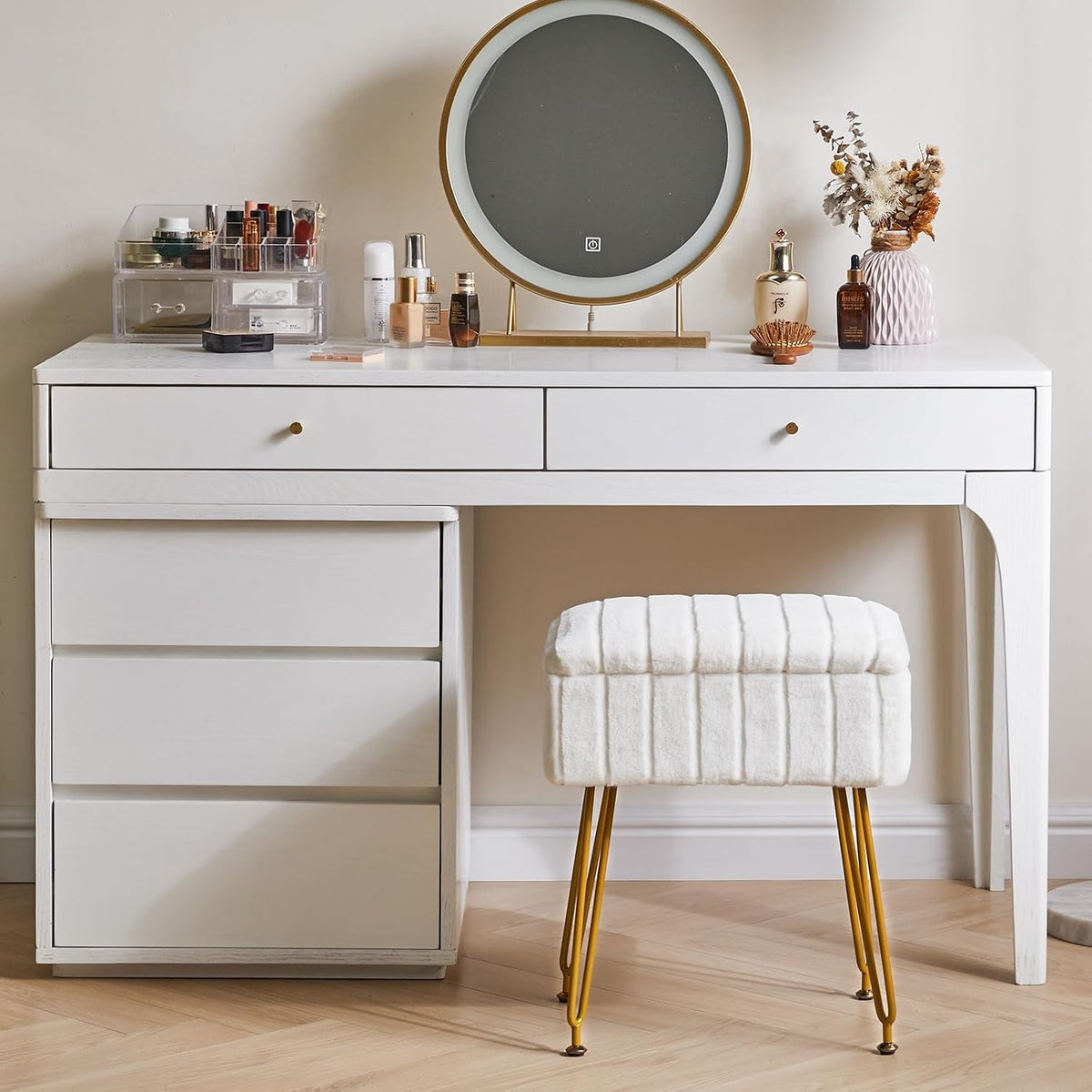IBUYKE Vanity Chair with Storage, Faux Fur Footrest Ottoman, White LG-50W | Small Side Table Vanity Stool Makeup Room Bedroom Anti-Slip Feet