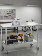 Atelicf NSF Stainless Steel Prep Table 24X48 inch, Flat Top & Casters | Mobile commercial-grade table for restaurants, kitchens, food trucks, breweries, bars, garages, and BBQ