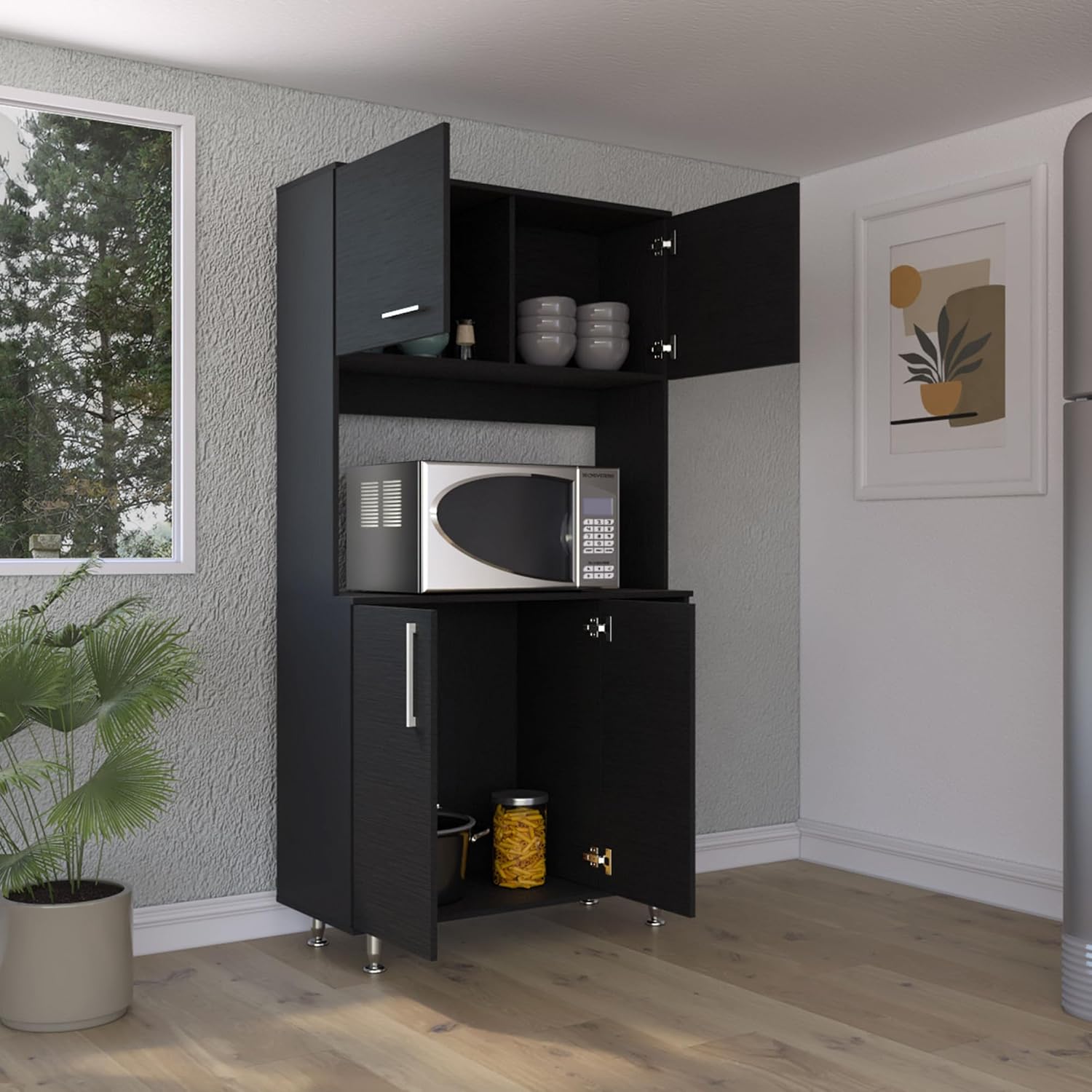 Kitchen Pantry Double Door Cabinet, Four Legs, Three Shelves, Black