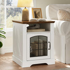 HOOBRO Farmhouse End Table for Living Room, 17.7" Wide Nightstand with Charging Station, Wooden Sofa Side Table with Tempered Glass Barn Door and Open Shelf, White and Walnut WH405UBZ01