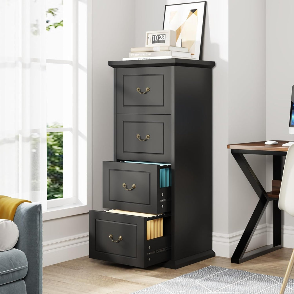 Tribesigns 4-Drawer File Filing Cabinet, Vertical Office File Cabinet,Black | Wooden Filing Cabinet for Legal/A4/Letter Size, Narrow Tall File Storage with Adjustable Hanging Rods for Home Office