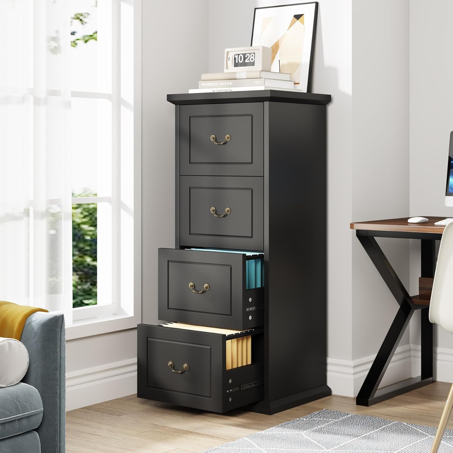 Tribesigns 4-Drawer File Filing Cabinet, Vertical Office File Cabinet,Black | Wooden Filing Cabinet for Legal/A4/Letter Size, Narrow Tall File Storage with Adjustable Hanging Rods for Home Office