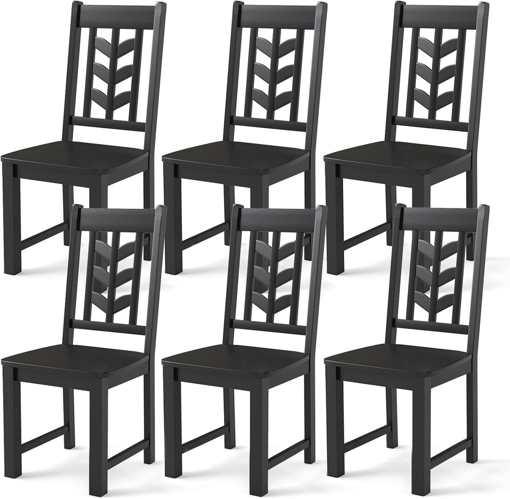 NAFORT Wood Dining Chairs Set of 6, Black Kitchen Chairs, Solid Rubber Wood Chair with Non-Slip Foot Pads, Max Load of 430 Lbs, Farmhouse Seat High Chevron Back Dining Room Chairs