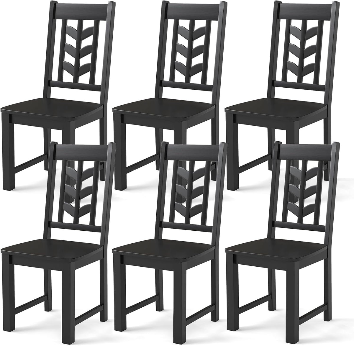 NAFORT Wood Dining Chairs Set of 6, Black Kitchen Chairs, Solid Rubber Wood Chair with Non-Slip Foot Pads, Max Load of 430 Lbs, Farmhouse Seat High Chevron Back Dining Room Chairs