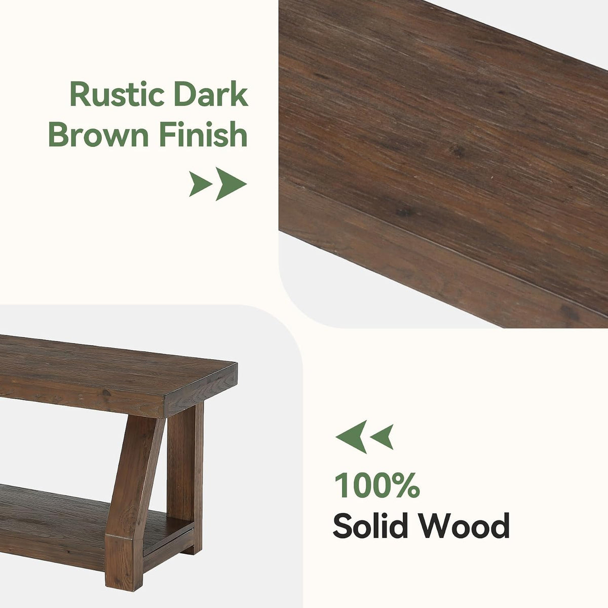 63" Solid Wood Bench, 2-Tier Entryway Bench with Shoe Storage, Rustic Hallway Accent Benches for Entryway, Living Room, Mudroom, Easy Assembly, Rustic Dark Brown
