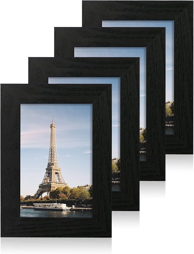 4x6 Picture Frame Set of 4, Black Wooden Frame with High Definition Glass, 4 x 6 Photo Frames for Tabletop Display and Wall Mounting