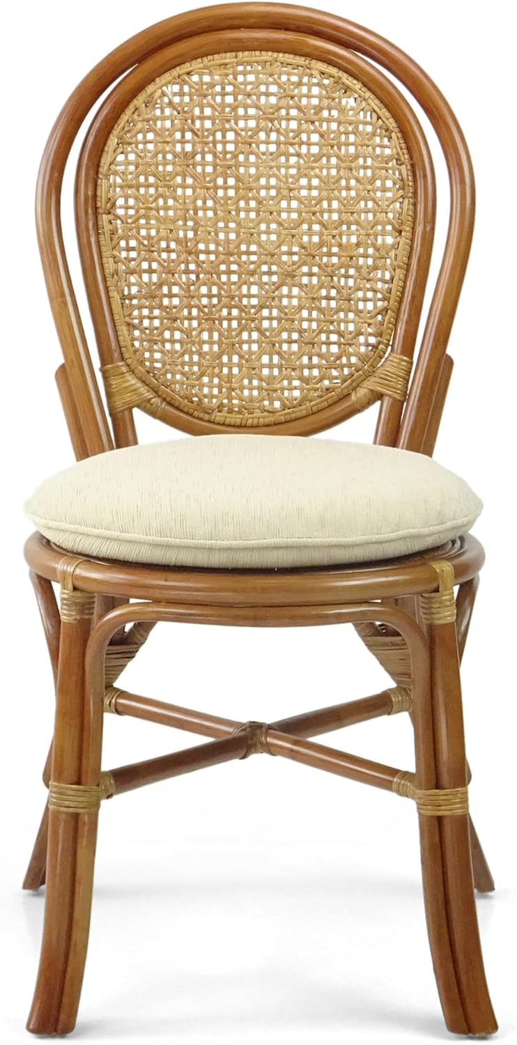 Rattan Wicker Dining Round Table Glass Top and 4 Denver Side Chairs with Cream Cushions, Dining Table Set for 4, Tropical Style Dining Table Set for Four, Colonial Color