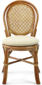 Rattan Wicker Dining Round Table Glass Top and 4 Denver Side Chairs with Cream Cushions, Dining Table Set for 4, Tropical Style Dining Table Set for Four, Colonial Color