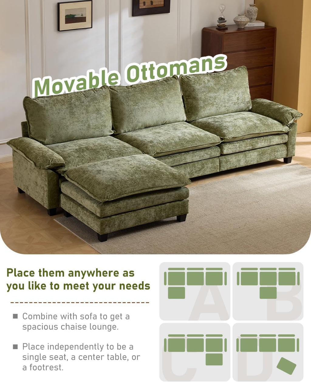 Karl home 122" 3-Seat L-Shaped Sectional Couch, Green | Movable Ottoman, Chenille Upholstered, Dual Padded, Wide Armrests, Washable Covers, For Living Room, Apartment, Office