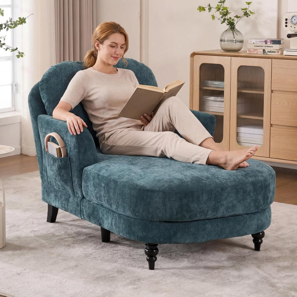 Chaise Lounge Chair Indoor, 59.8" Oversized Couch Reading Chairs, Chenille Comfortable Deep Sleeping Single Sofa, Upholstered Modern Couch Sofa Bed for Living Room, Bedroom & Apartment (Teal)