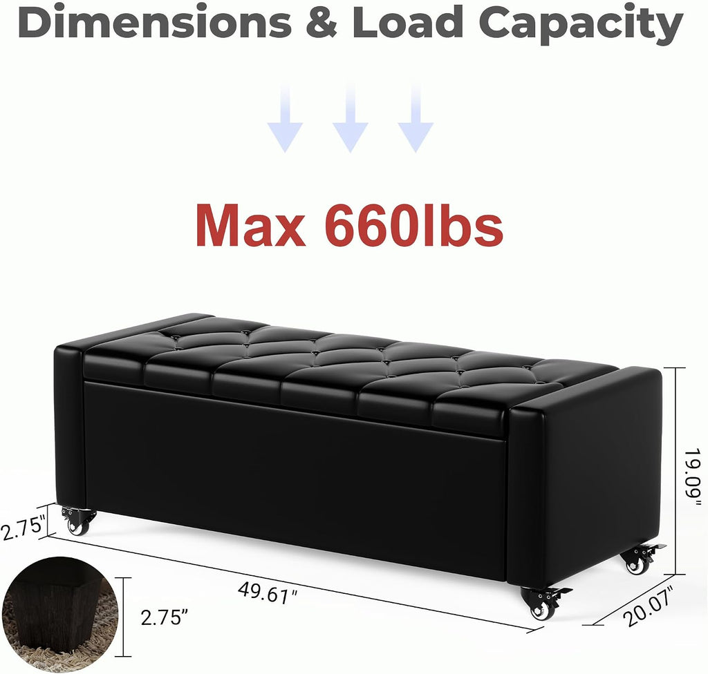50” Ottoman Bench with Storage, Upholstered Faux Leather End of Bench for Bedroom, Load up to 660 lb, Fixed Base & Movable Swivel Wheels，Rectangular Tufted Entryway with Safety Hinge (Black)