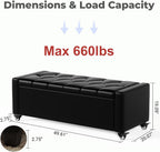 50” Ottoman Bench with Storage, Upholstered Faux Leather End of Bench for Bedroom, Load up to 660 lb, Fixed Base & Movable Swivel Wheels，Rectangular Tufted Entryway with Safety Hinge (Black)